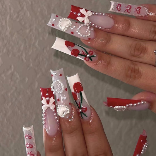 MISUD Press on Nails - Extra Long Square Glue on Nails with Red French Tip, Acrylic Cherry Bow Design 24 pcs