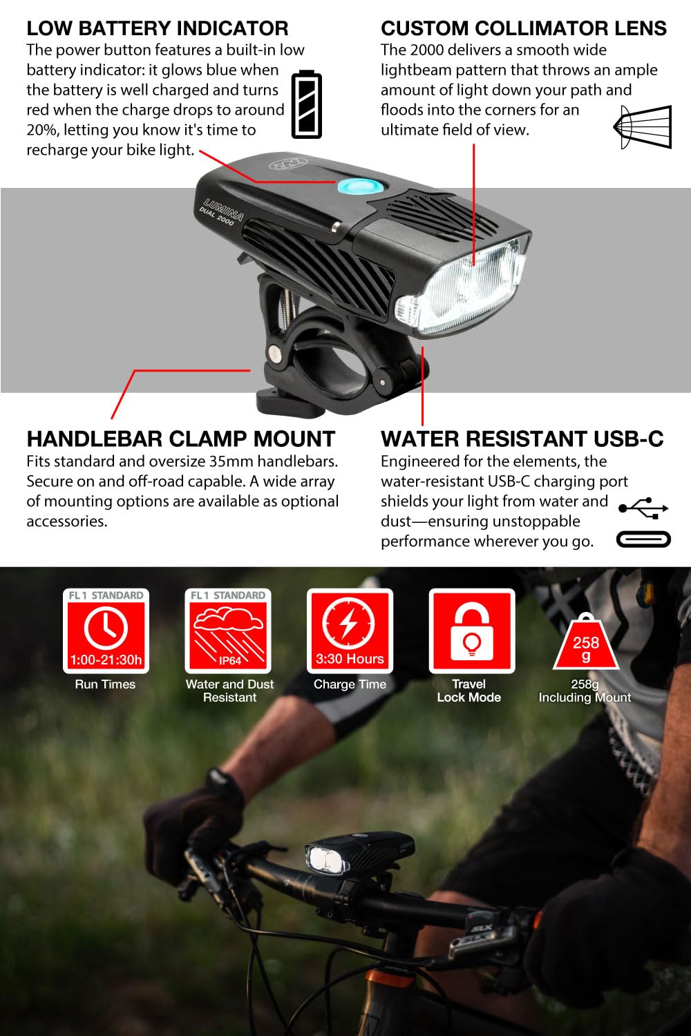 NiteRider Lumina Dual 2000 Lumen USB-C Rechargeable Dual LED Front Bike Light - 7 Modes Powerful Lumens IP64 Waterproof Bike Headlight Easy Mount Single Button Control MTB, Trail, Enduro, Road Cycling