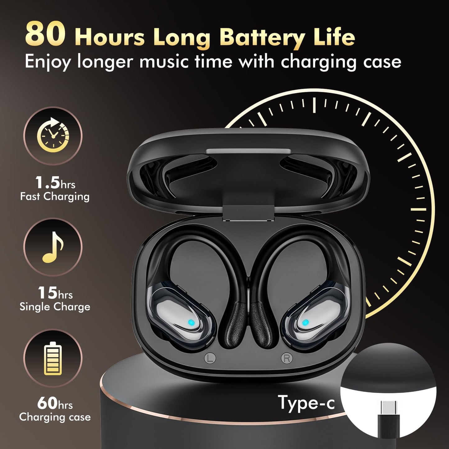 HAOYUYAN Wireless Earbuds, Sports Bluetooth Headphones, 80Hrs Playtime Ear Buds with LED Power Display, Noise Canceling Headset, IPX7 Waterproof Earphones for Workout/Running(Black)
