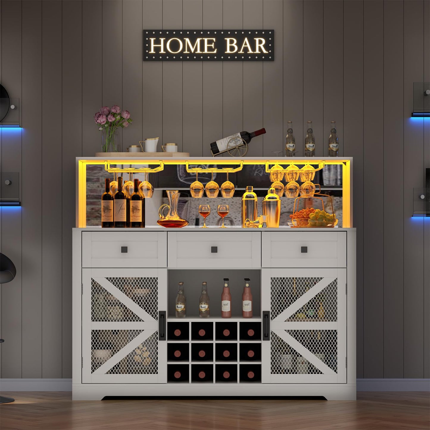 Gyfimoie Farmhouse Wine Bar Cabinet with LED Lights, Kitchen Coffee Bar Cabinet with Acrylic Mirror, Wine & Glass Rack, Storage Shelves and 3 Drawers (Signle Hutch)