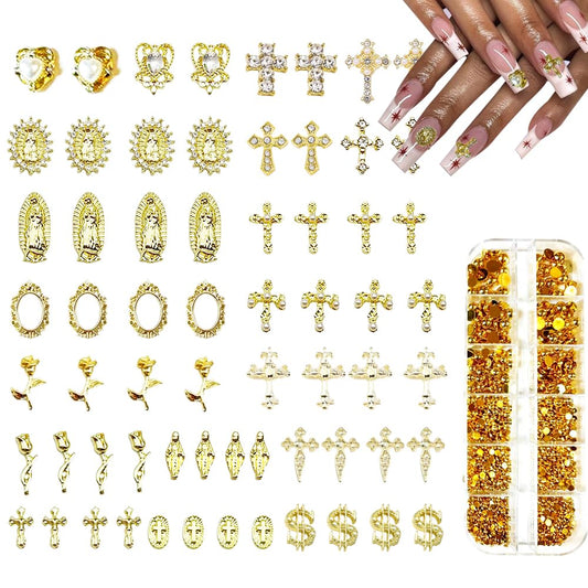TmoGllp 3D Cross Nail Charms, Gold Flat-Back Bead Charms for Nails, Nail Charms and Gems for Nail Art DIY Design, Nail Rhinestones Accessories Bulk (Gold)