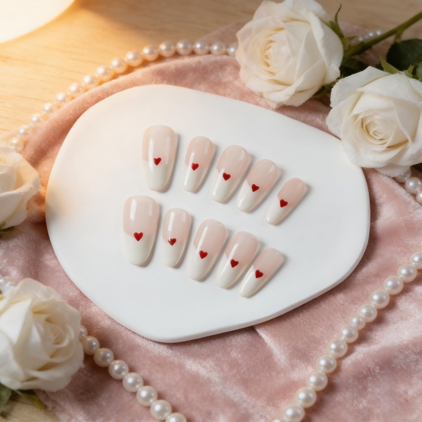 Tesytto Red Heart Press on Nails Medium Almond - Handmade Classic White French Tip, Creamy Nude Glossy Reusable False Nails (Creamy Heart French,M)