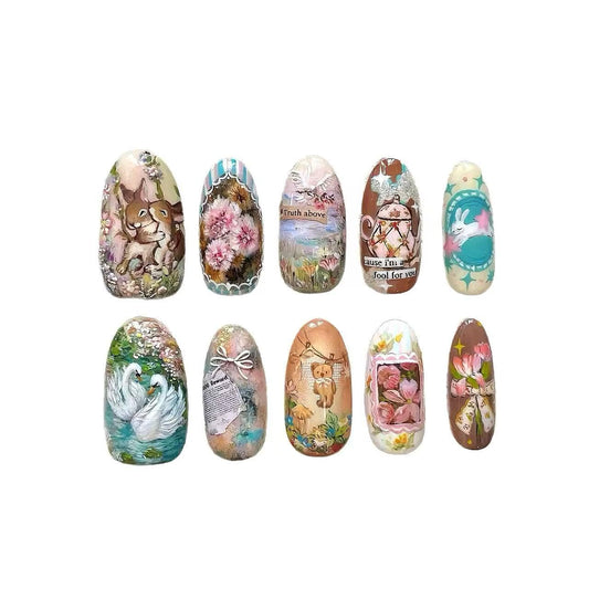 C.Z.Z.T.T.NAILS Fairytale Garden Press-On Nails, 24 Pieces Almond Shaped Artificial Nails with Swan and Floral Art Design, Reusable False Nail Tips in Pastel Colors