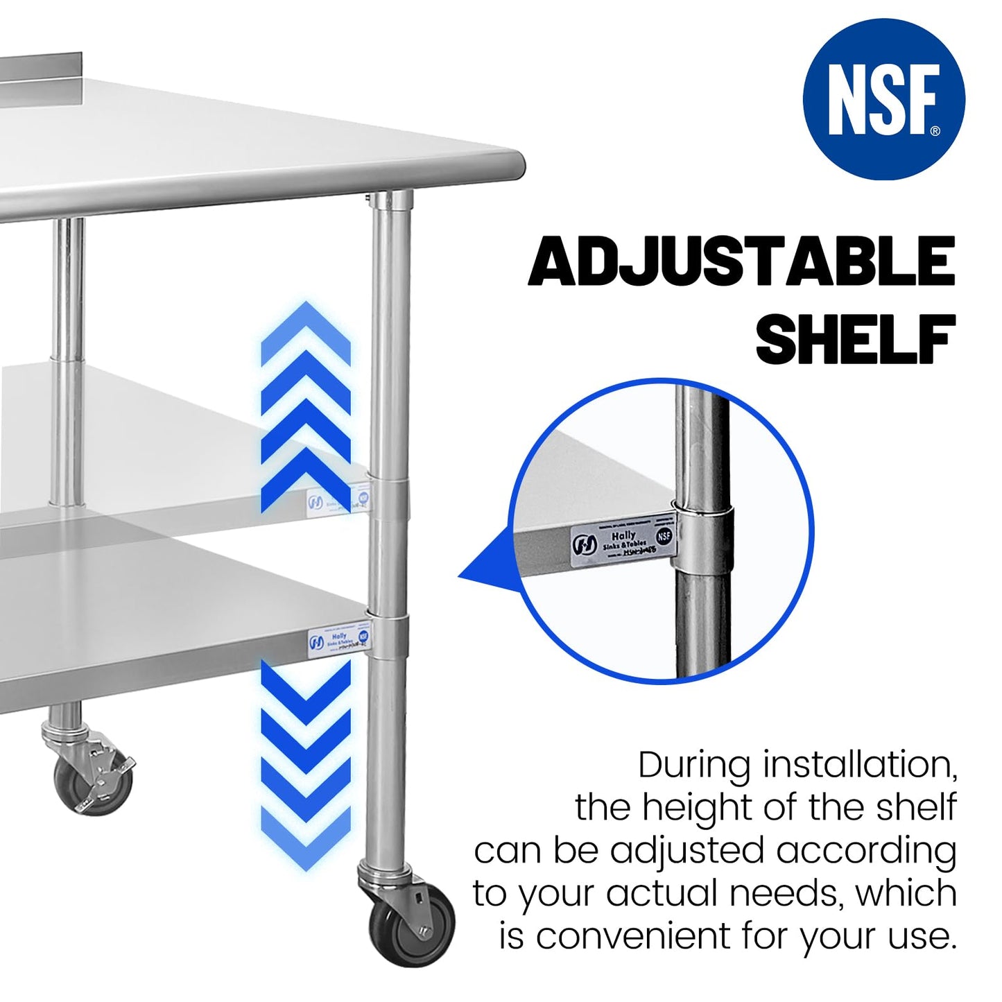 HALLY SINKS & TABLES H Stainless Steel Table for Prep & Work 24 x 72 Inches with Caster Wheels, NSF Commercial Heavy Duty Table with Undershelf and Backsplash for Restaurant, Home and Hotel