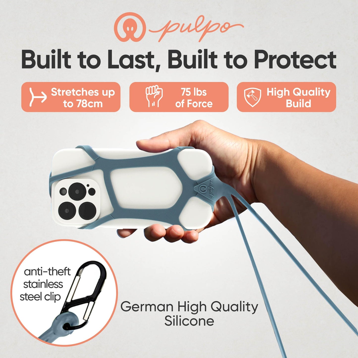 Pulpo Safety Cell Phone Lanyard Grey Fits Smartphones 6.1 to 6.8” - Anti Theft Phone Strap for Men & Women, Lanyards for Phones, Hiking Phone Holder & Cellphone Lanyard, Silicone Crossbody Straps