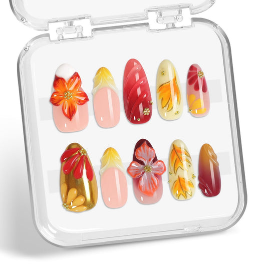 Handmade Press on Nails French Medium Almond Fake Nails with 3D Flower Pink Red Gradient Design Gold Maple Leaf False Nails for Girls Manicure Art Decoration Accessories (Size M)