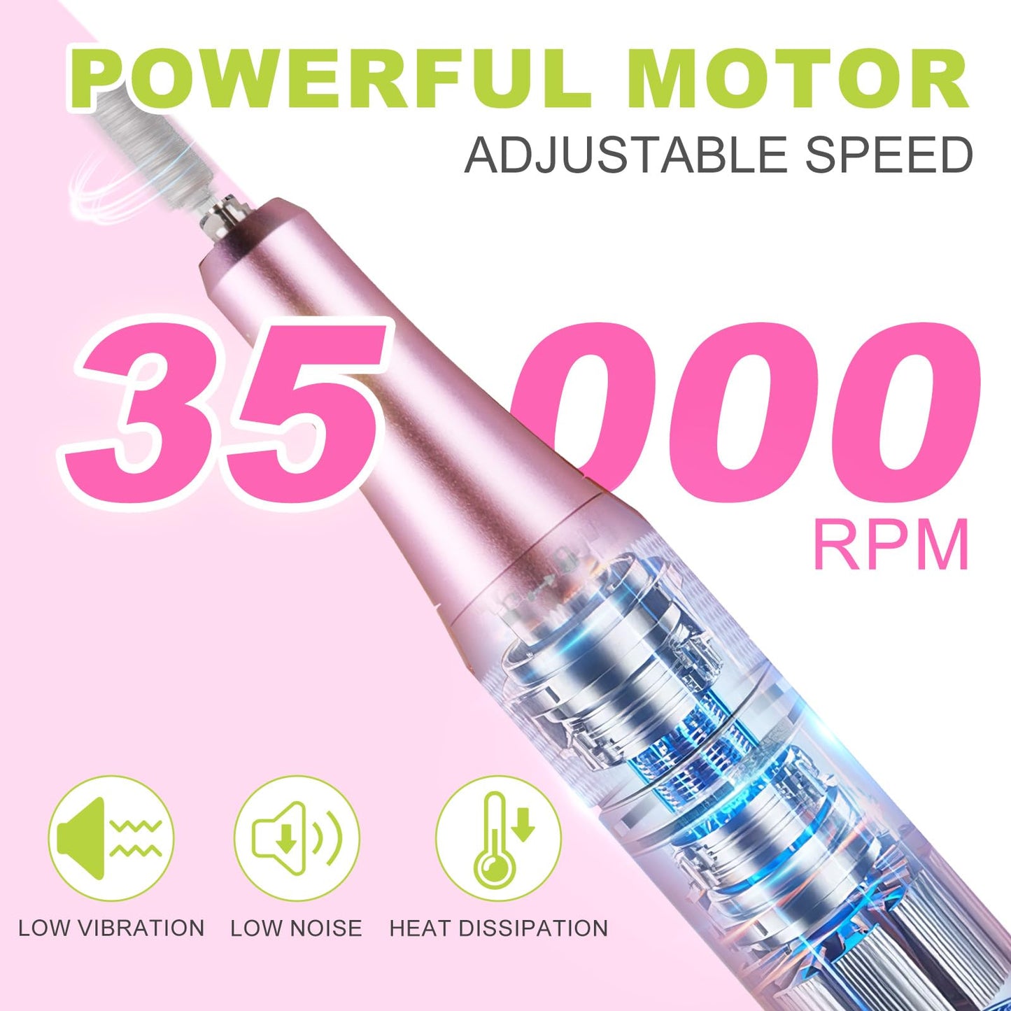 MEKK Nail Drill Kit,35000RPM Electric Nail Drill Professional Electric Nail File with 12PCS Bits,Anti-Shaking Cordless E Filer for Nails with LCD Display,Home & Salon (Pink-Green)