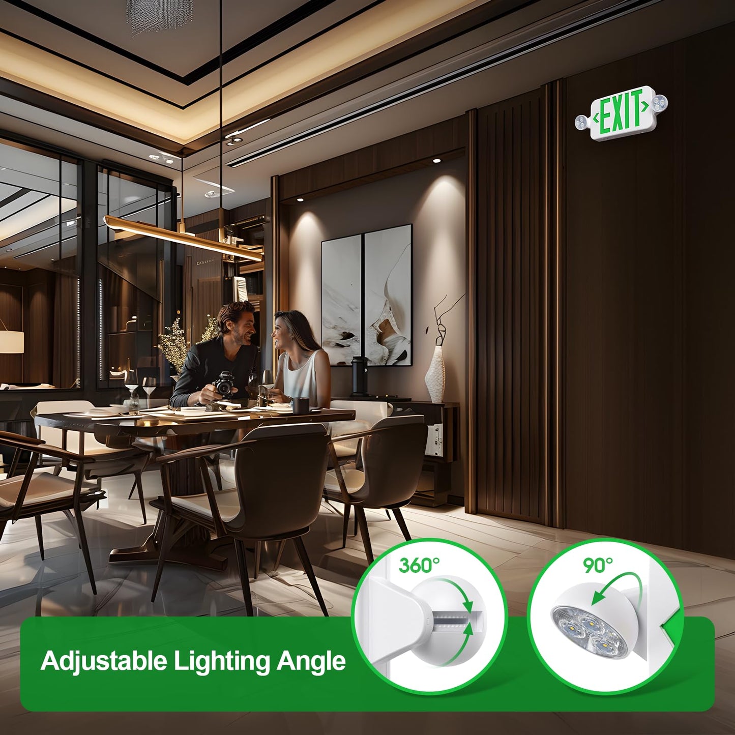 Emergency Exit Sign Lights Combo with Battery Backup, Double Sided Hardwired 6 LEDs Exit Signs, Adjustable Heads Green Emergency Exit Lighting Ceiling/Wall Mount, UL Listed, AC 120/277V (4 Pack)