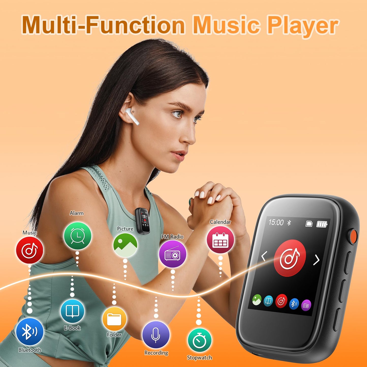 Portable Kids MP3 Player with Sports Clip, Small Music Player with Bluetooth 5.3, Touch Screen, Built-in Speaker, Voice Recorder, FM Radio, Expandable Storage up to 512GB(Black)