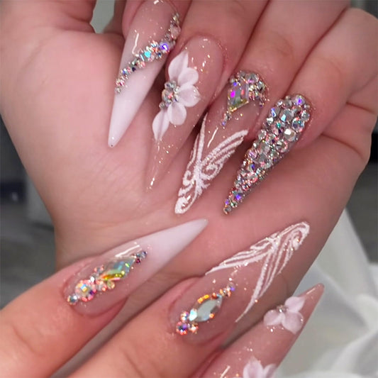 IMRAIN Press on Nails Long Stiletto Fake Nails Nude White French Tips Full Cover Almond Artificial Glitter False Nails with Rhinestone Designs Glossy Glue on Acrylic Nail Supplies 24Pcs