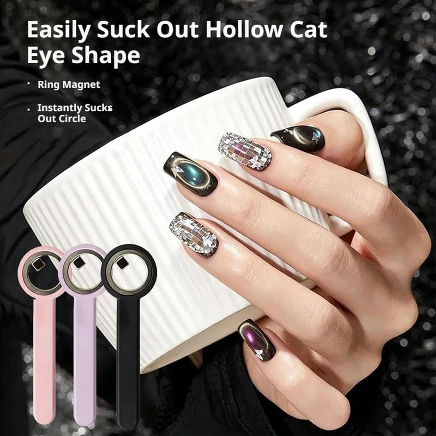 Ring-Shaped Cat Eye Magnet for Nails, Hollow Magnetic Design Circle Cat Eye Magnet for 3D Halo French Tip Nail Art, Home Salon DIY Manicure Tool (3Pcs-Purple)