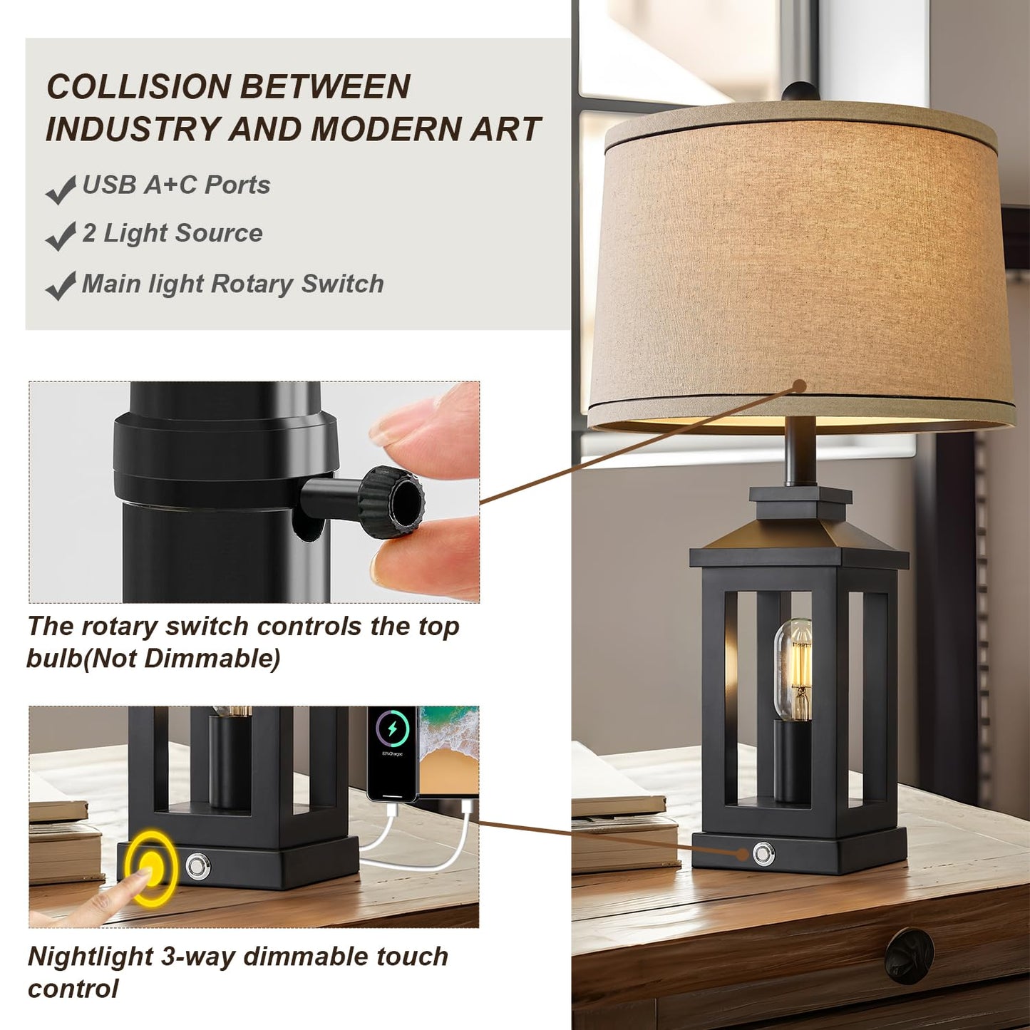 G-SAFAVA 23.75" Retro Farmhouse Black Table Lamp for Living Room Bedroom Nightstand Single Pack Touch Control Bedside Nightlight Vintage Modern Lamp with USB C+A Ports and 2 Light Sources