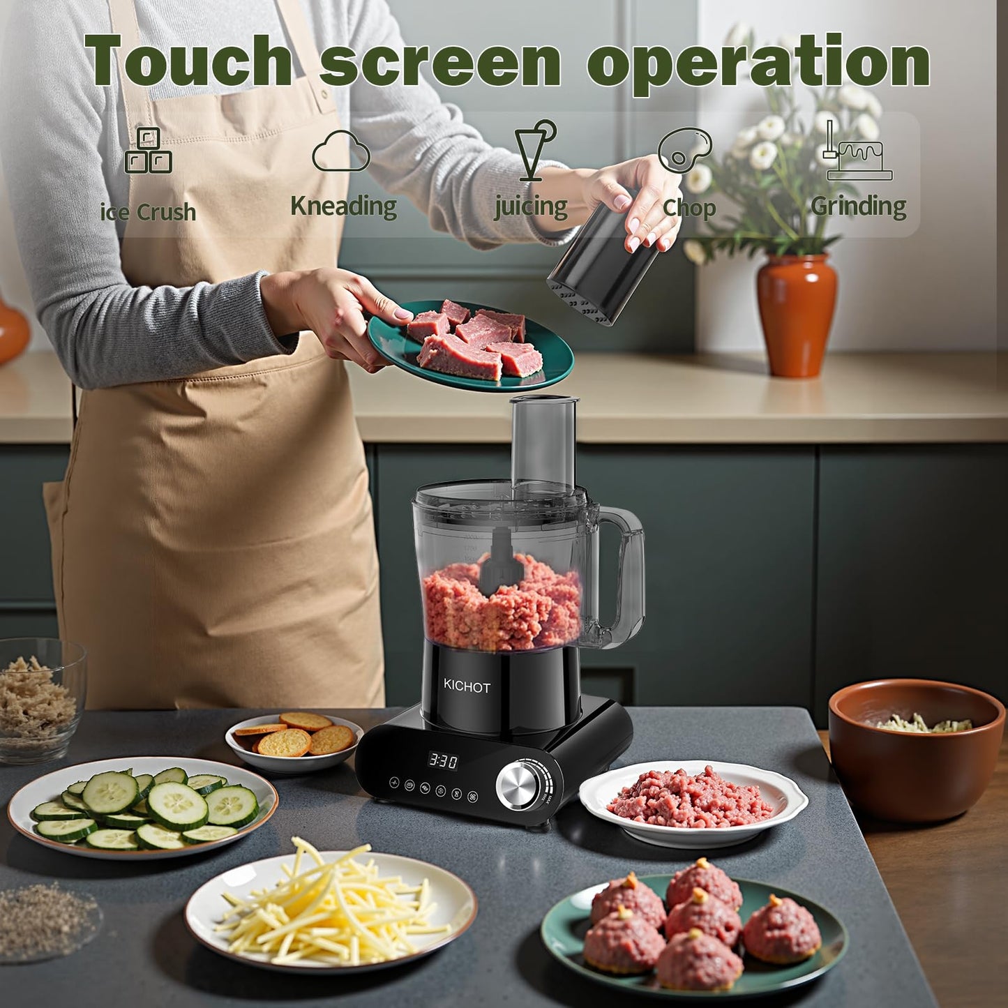 12 Cup Food Processor & Vegetable Chopper,French-Fry-Cutter, Stepless Speed,Digital Timer,Large Feed Chute,Ice Creshing,Chopping, Shredding, Slicing and Doughing,600W for Home Use,Black
