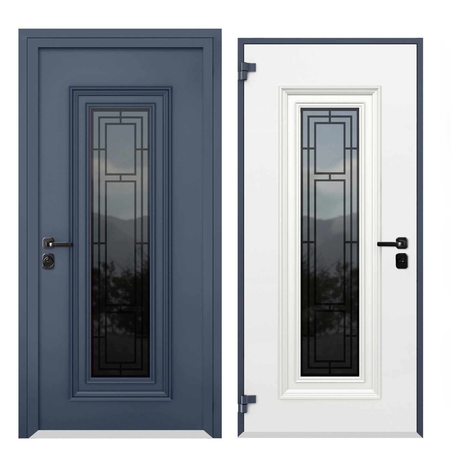 VDOMDOORS Front Exterior Prehung Steel Door/Ballucio 6044 Gray Graphite/Top Exterior Window/Stainless Inserts Single Modern Painted-W36 x H80+16"-Left-Hand Inswing