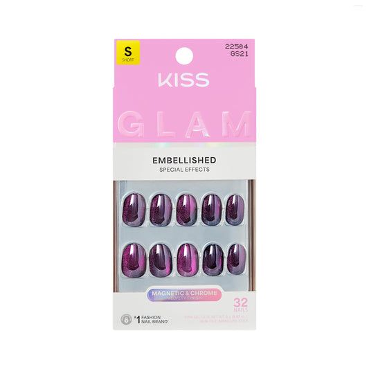 Kiss Glam, Press On Nails, Nail glue included, 'Simple Joys', Purple, Short Size, Round Shape, Includes 32 Nails, 2g Glue, 1 Manicure Stick, 1 Mini File