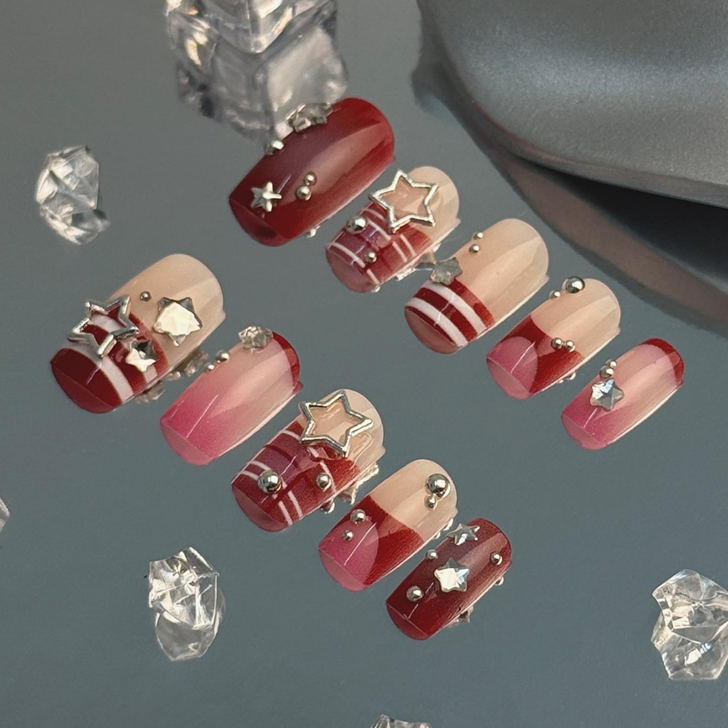 Square Press on Nails Medium Fake Nails Red Artificial Nail Seeneey y2k Designs Rhinestones Stick on Nail for Women 24pcs