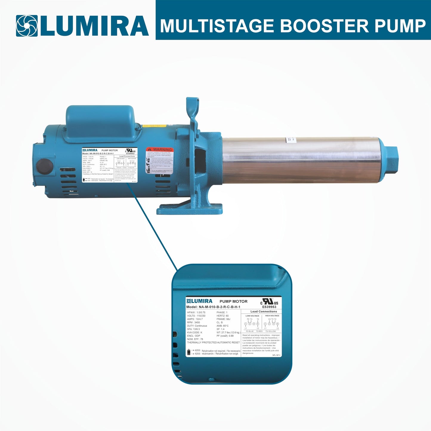 LUMIRA Multi stage booster pump - 07 GPM,13 STAGE, 0.75 hp, 115/230 Volts, 1 phase, 1" FNPT connections