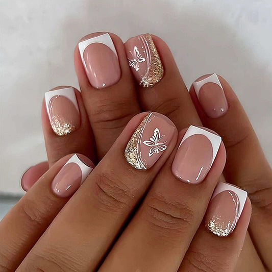QQPPOLIU Short French Tip Press on Nails with Flower Design Glitter Full Cover Nails Cute Acrylic Nails for Women and Girls 24pcs