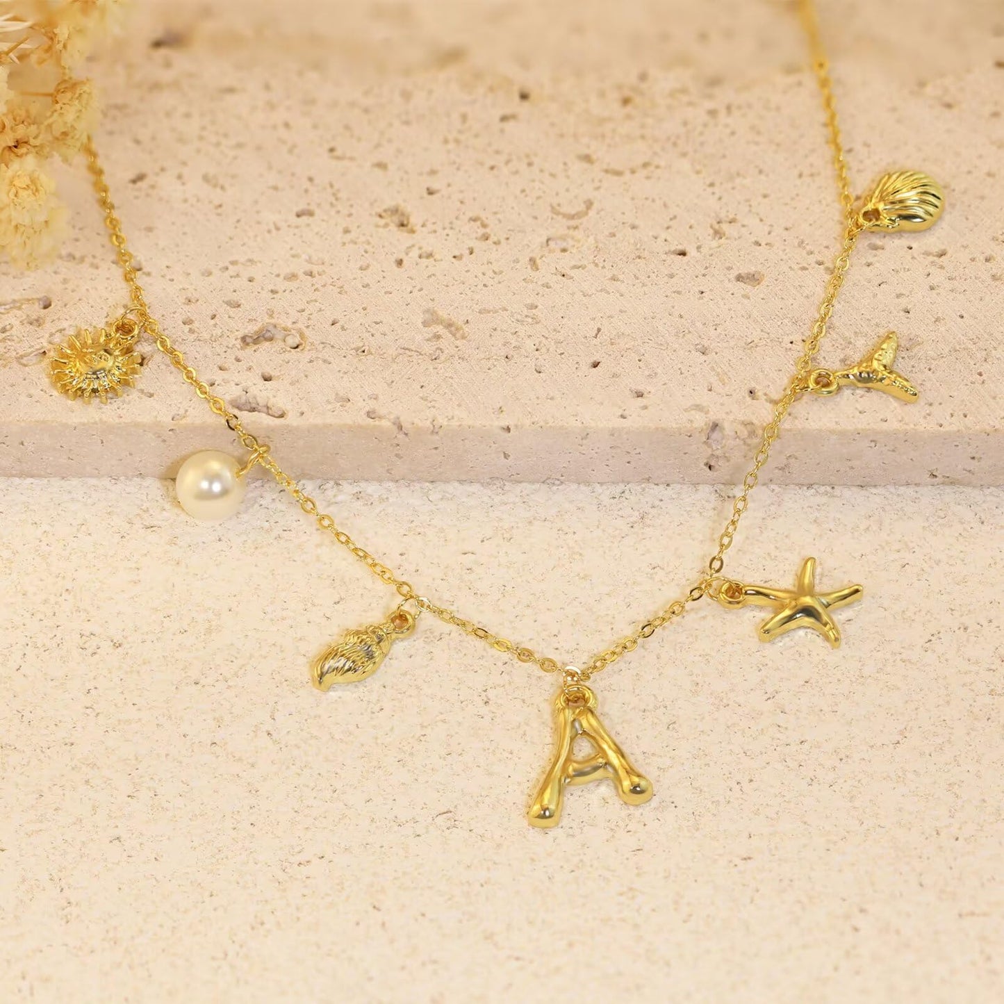 JALZEMPL Initial Charm Necklace For Women Shell Seashell Summer Beach Letter 14K Gold Plated Pendant Starfish Surfer Boho Jewelry Gifts (B)