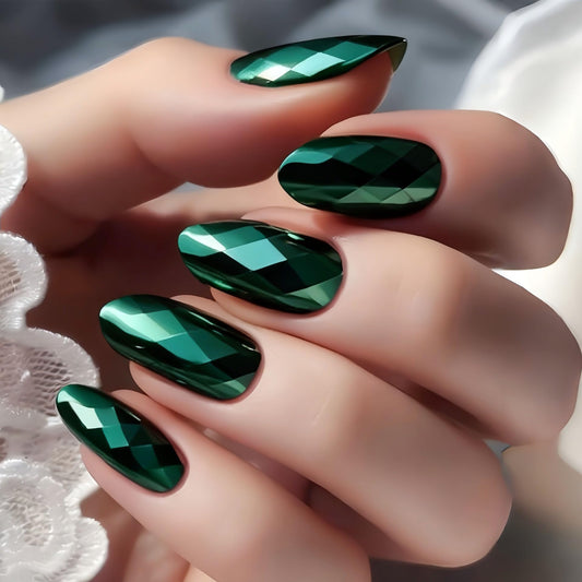 RUOKEXIN Almond Press on Nails Medium Length Fake Nails Green Chrome False Nails with 3D Rhombus Designs Full Cover Nail Press ons Sparkly Artificial Nails for Women 24Pcs