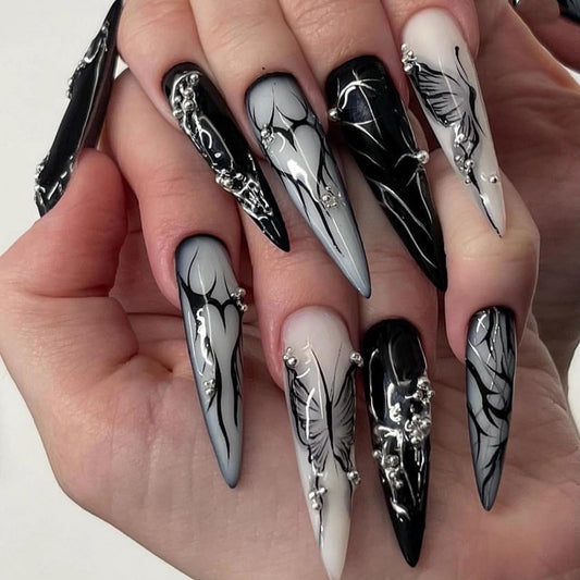 MISUD Press on Nails - Long Stiletto Glue on Nails with Goth Black, Acrylic Gothic Butterfly Design 24 pcs