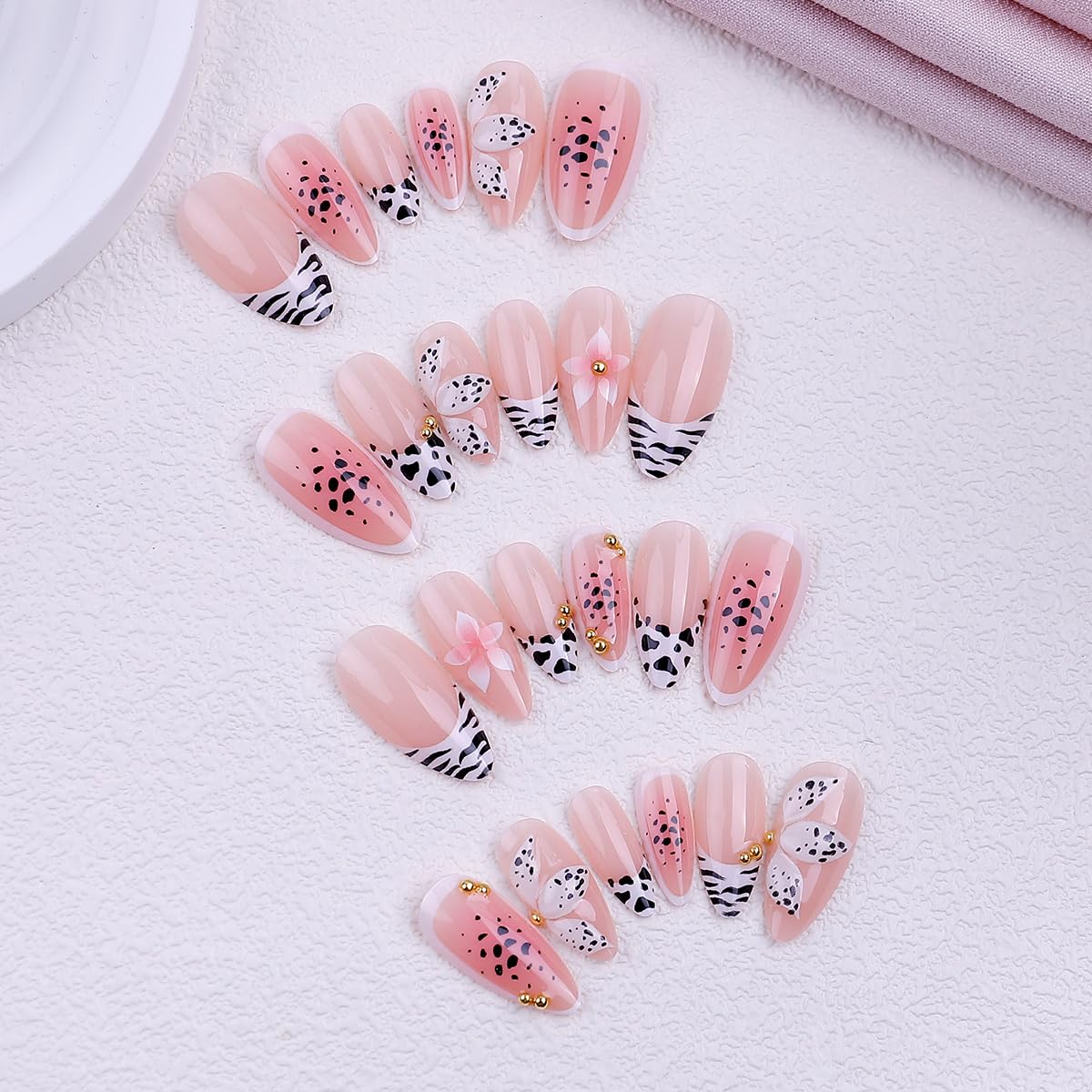 Leopard Press on Nails Medium Almond Nails Press on with 5D Flower & Gold Charm Design Glossy Nude Fake Nails French Tips Glue on Nail Reusable Fall Summer Nail for Women Manicure 24Pcs