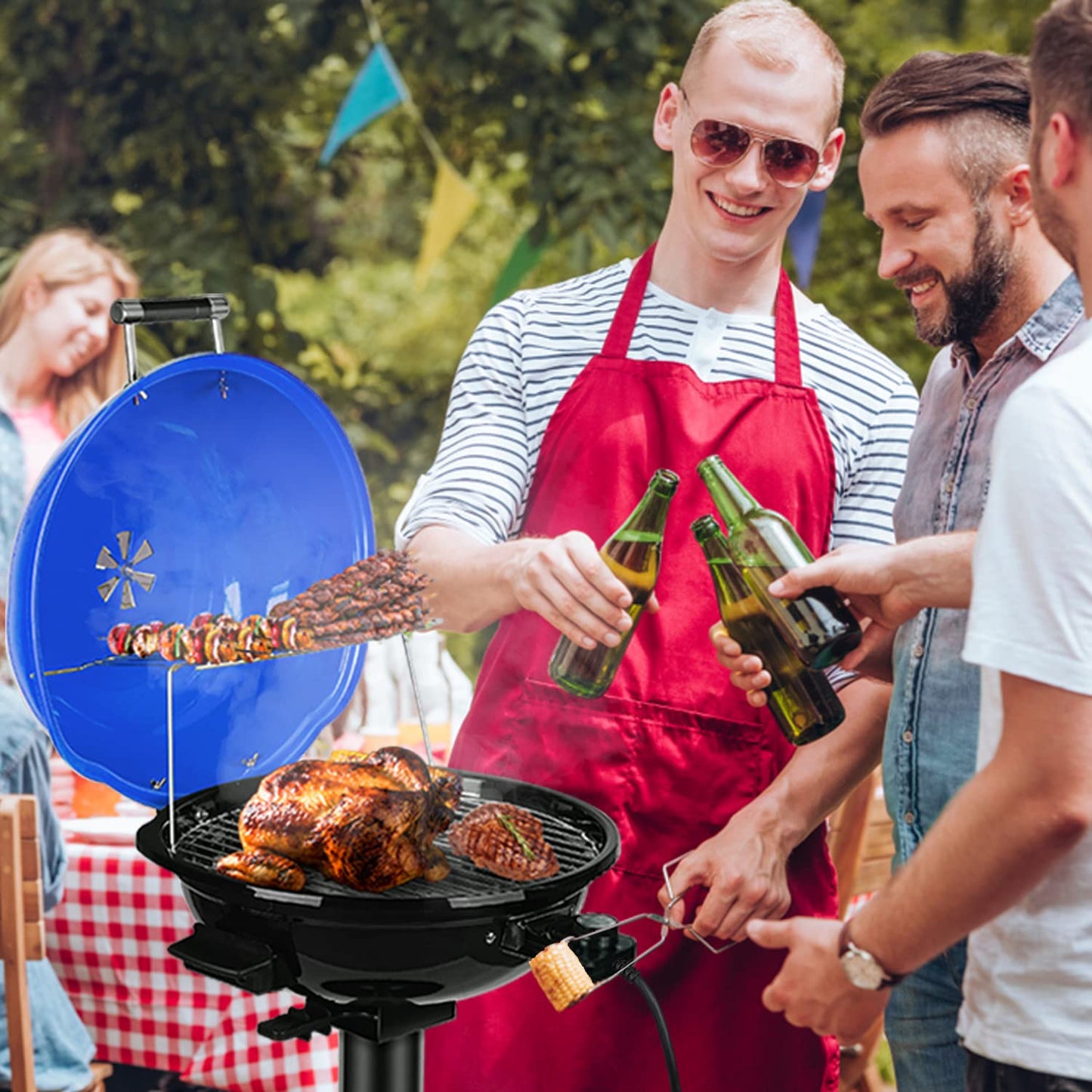 Electric BBQ Grill Techwood 15-Serving Indoor/Outdoor Electric Grill for Indoor & Outdoor Use, Double Layer Design, Portable Removable Stand Grill, 1600W