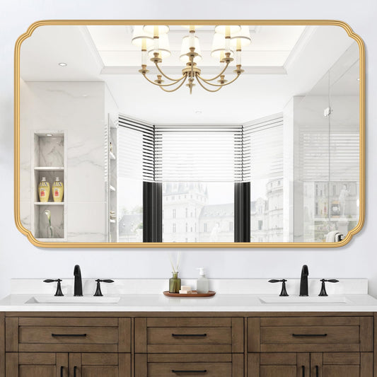 Ferytange 55X36 Inch Gold Metal Framed Bathroom Mirror for Wall, Large Rounded Rectangle Bathroom Vanity Mirror Farmhouse, Anti-Rust, Tempered Glass, Hangs Horizontally or Vertically