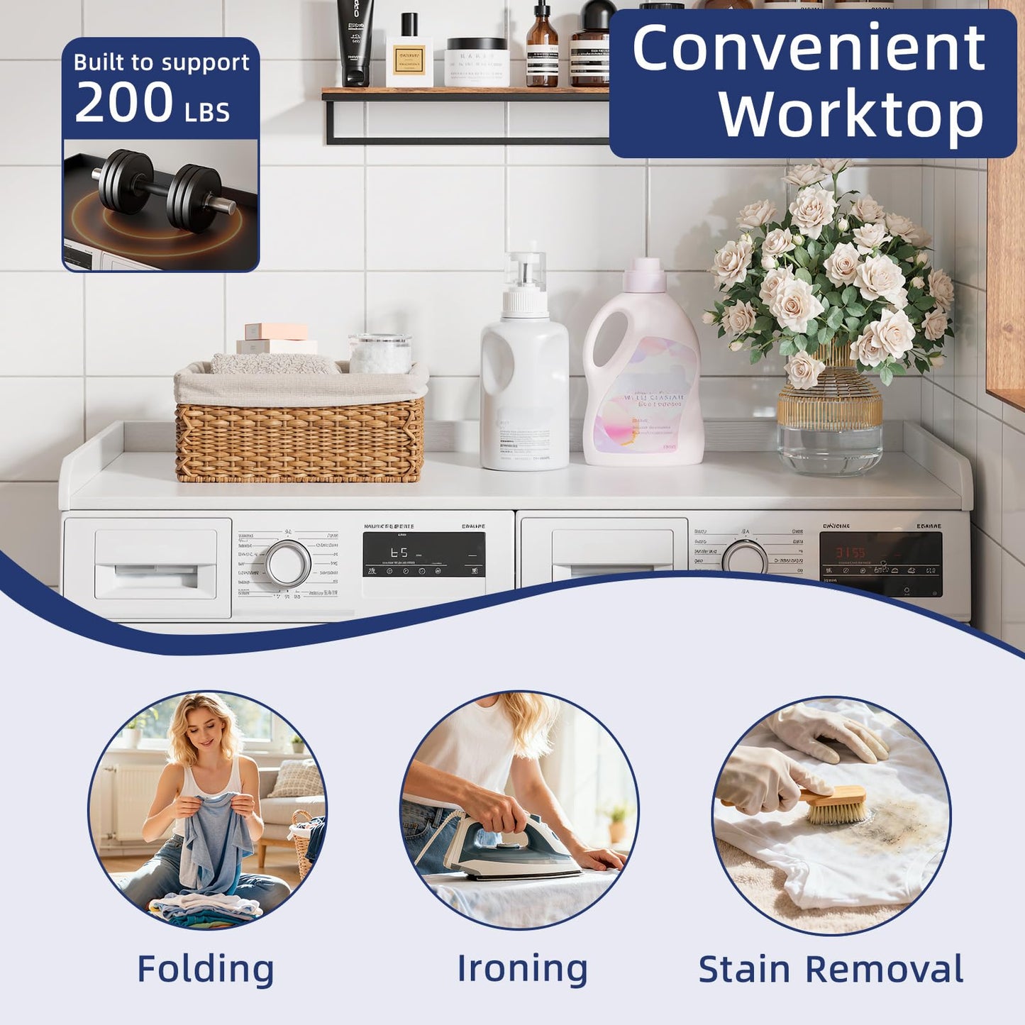 Memobarco Washer Dryer Countertop, 54" Width x 27.5" Depth Laundry Countertop Organization, Wooden Washer and Dryer Topper for Folding, Sorting & Ironing, Easy to Install, White