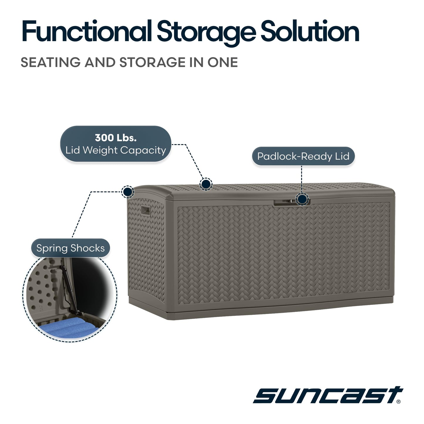 Suncast Extra Large Deck Box - 124 Gallon Resin Outdoor Storage Box with Lockable Lid for Outdoor Cushion Storage, & Garden Gear, Stoney Grey Wicker Bin for Patio, Porch, Pool, & Yard