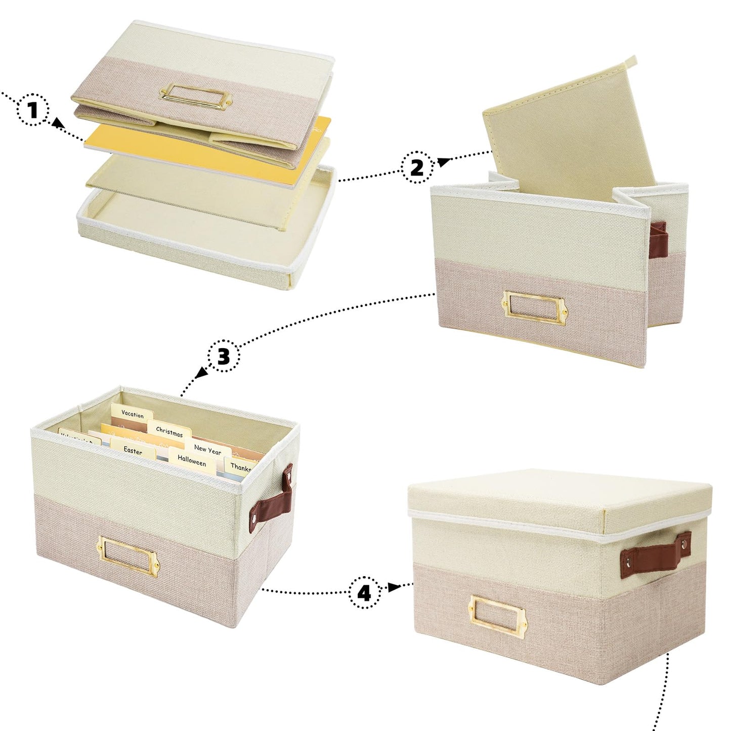 Remowith Greeting Card Organizer, Linen Storage Box with 20 Removable Dividers, 84 Labels & 1 Marker, Perfect for Greeting Cards, Photos, Envelopes, Stickers, Postcards, Beige&Khaki