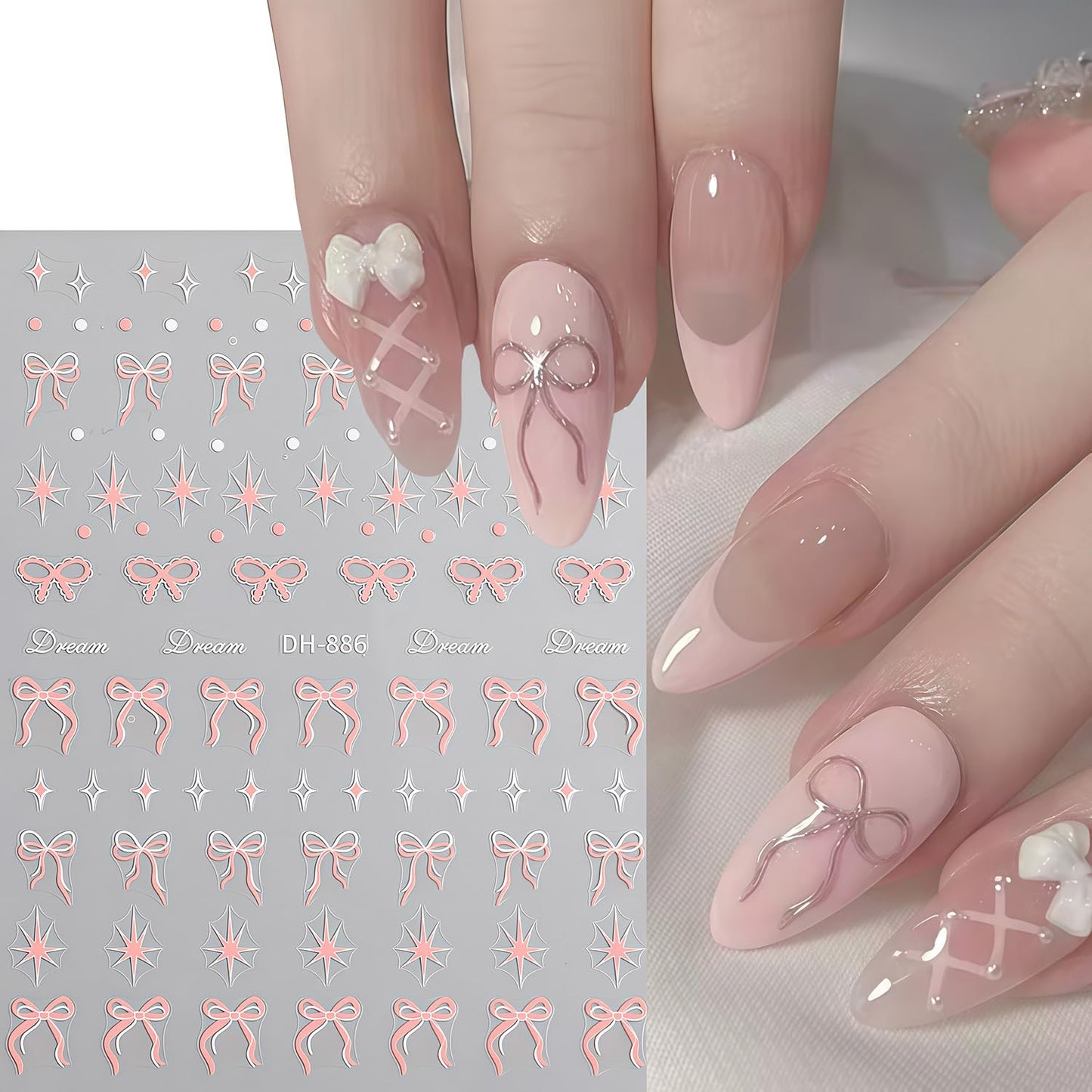 Bow Nail Art Stickers Valentines Nail Decals 3D Self Adhesive Black Blue Pink Bow Starlight Nail Stickers Cute Bows Nails Sticker Decals for Women Holiday Valentines DIY Manicure Decoration 6 Sheets