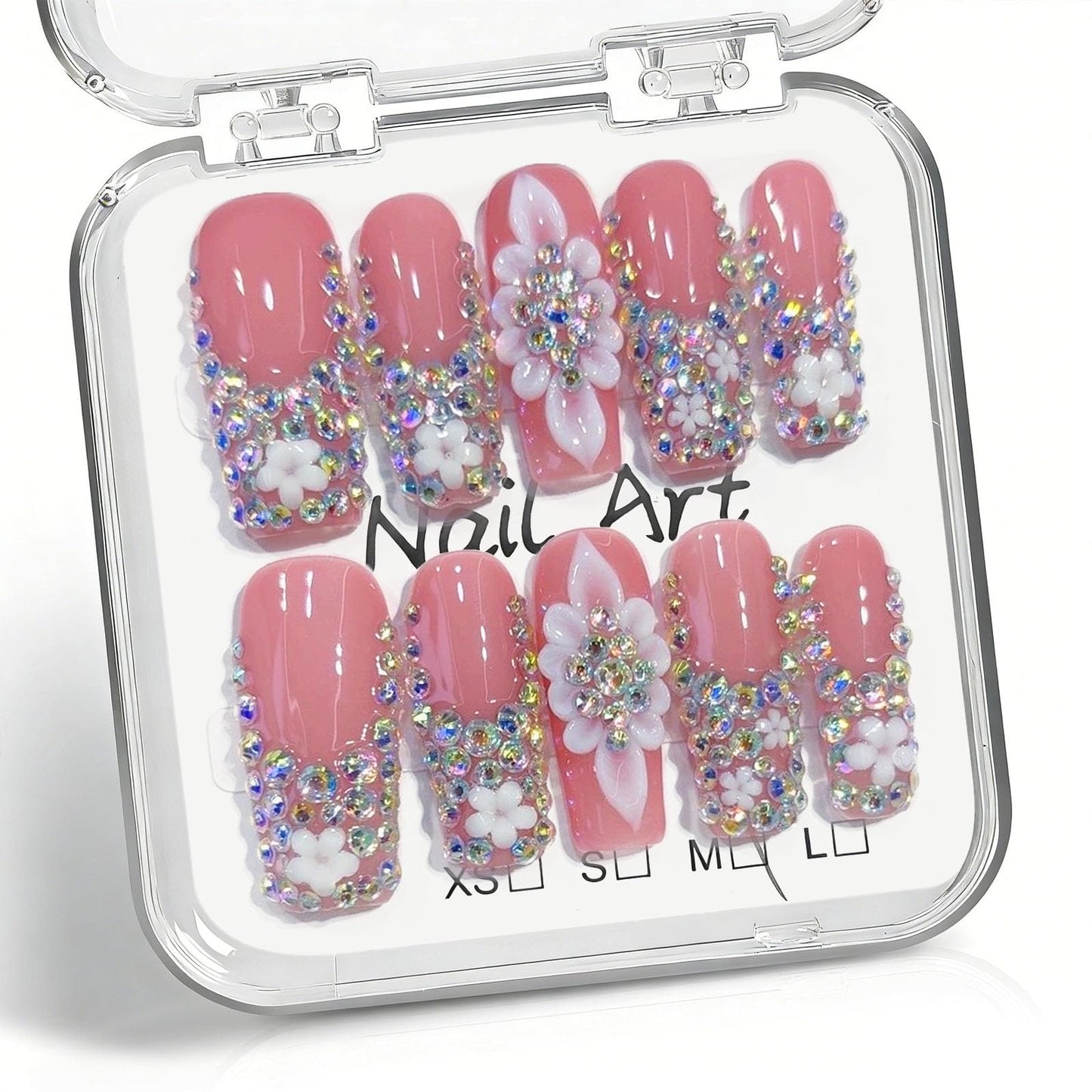 10 Pcs Handmade Press on Nails Long Square Fake Nails with 3D Flowers Rhinestones Charms Design Pink Acrylic False Nails Wedding Party Press Ons Nails Square for Women - M Size