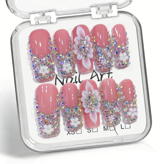 10 Pcs Handmade Press on Nails Long Square Fake Nails with 3D Flowers Rhinestones Charms Design Pink Acrylic False Nails Wedding Party Press Ons Nails Square for Women - M Size