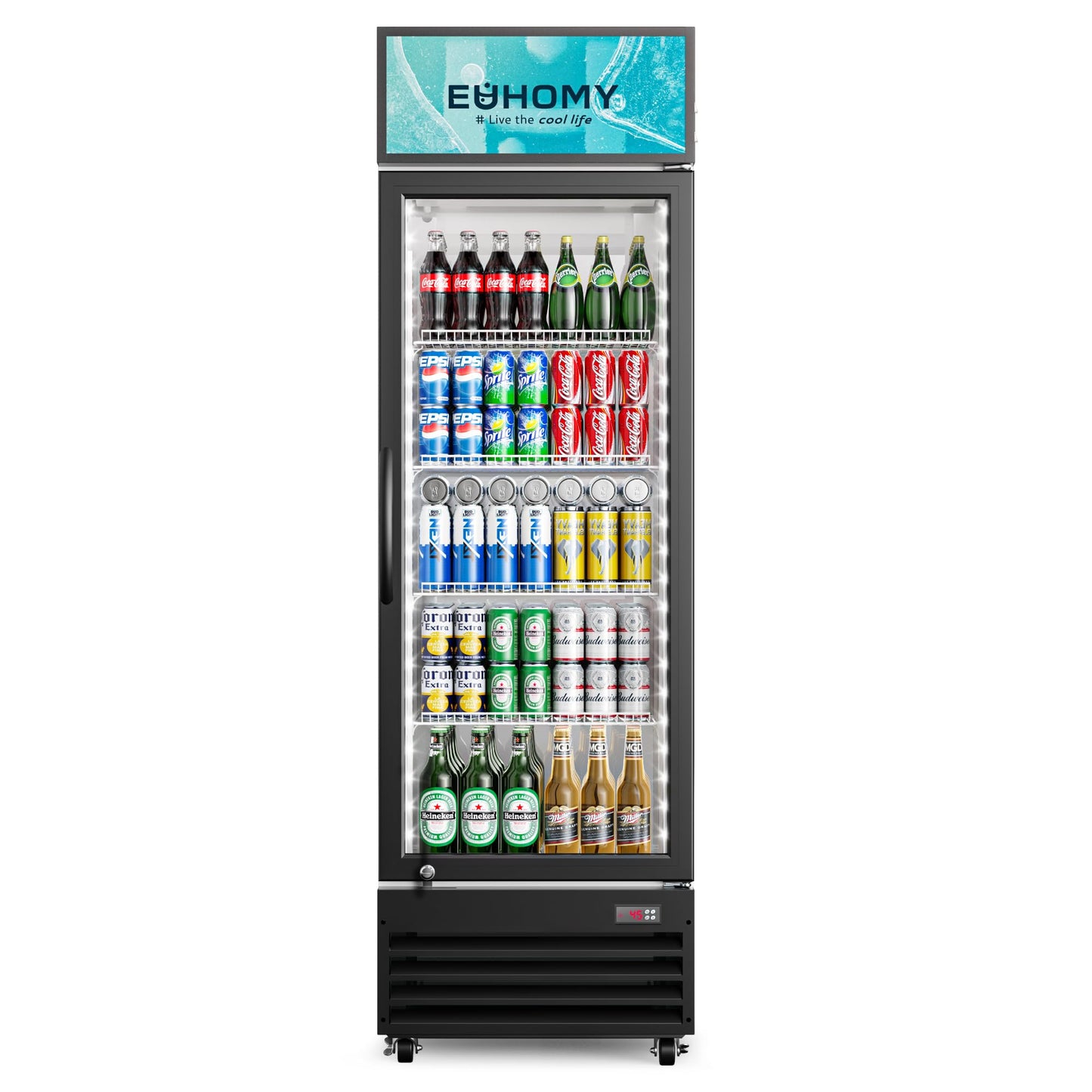 EUHOMY Commercial Display Refrigerator, 9 Cu.Ft Glass Door Merchandiser Drink Fridge with Soft LED Light Adjustable Shelves, Commercial Beverage Refrigerator for Bar, Restaurant, Cafe(Black)