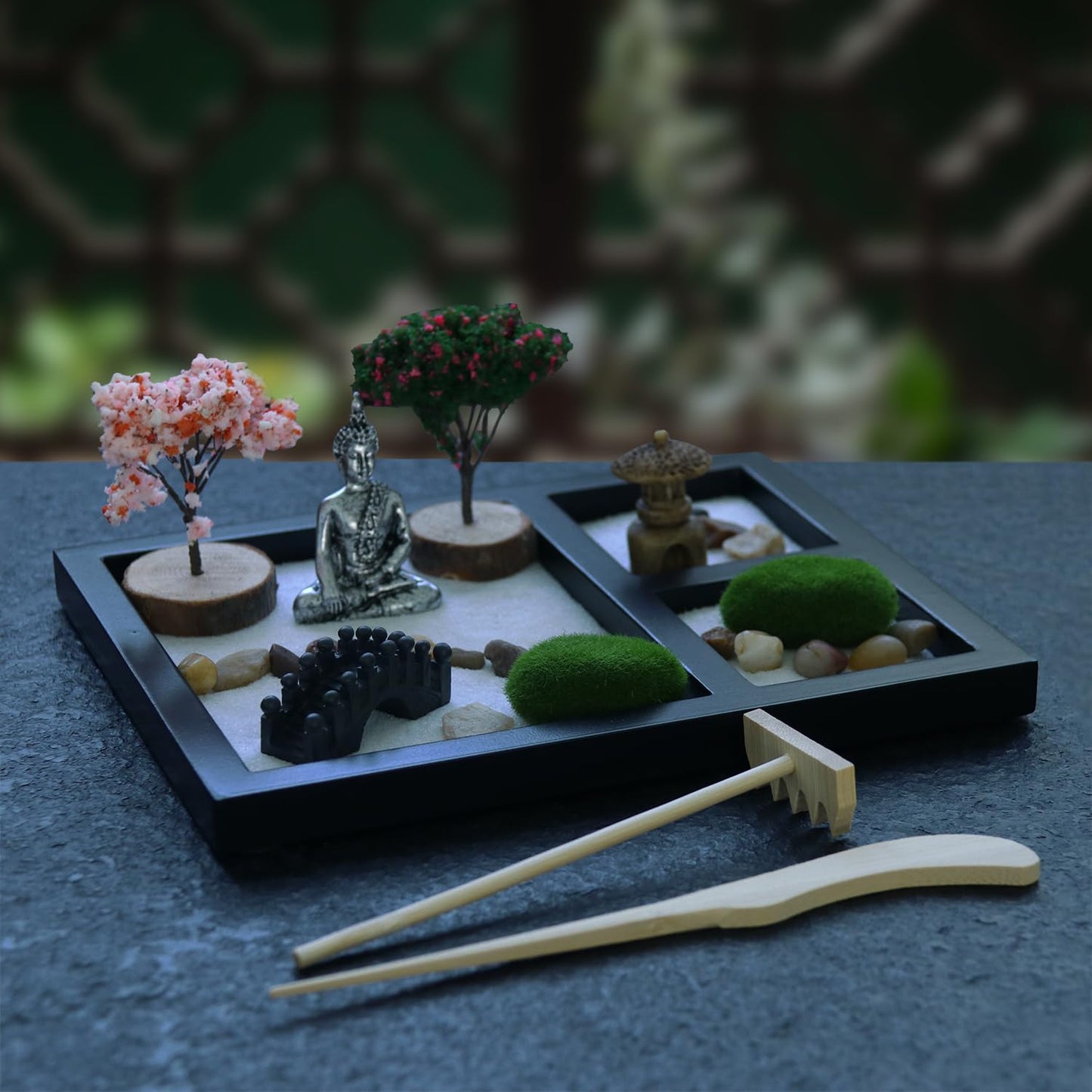 Zen Garden Kit, Mini Zen Garden for Desk - Zen Sand Garden for Office Decor with Pebble, Zen Sand, Bridge, Algae, Buddha & Rake Tool Zen Garden for Meditation