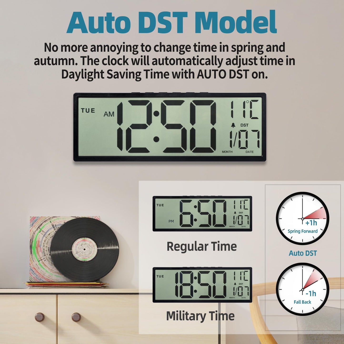Henescribe 15" Large Digital Wall Clock Battery Operated Black, Clock with Large Display Numbers, Calendar, Auto DST, Clocks for Living Room, Kitchen, Office, Bedroom