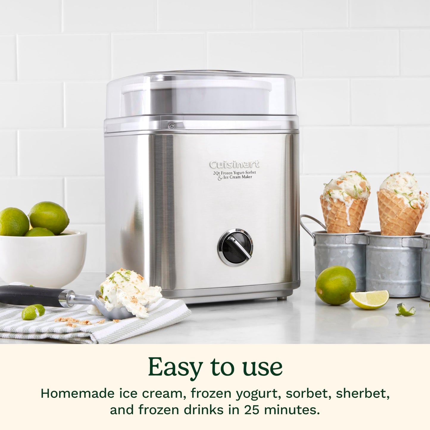 Cuisinart Ice Cream Maker Machine, 2-Quart Ice Cream, Sorbet and Frozen Yogurt Machine, Fully Automatic Double-Insulated Freezer Bowl Makes Frozen Desserts in Under 30 Minutes, ICE30BCP1, Silver