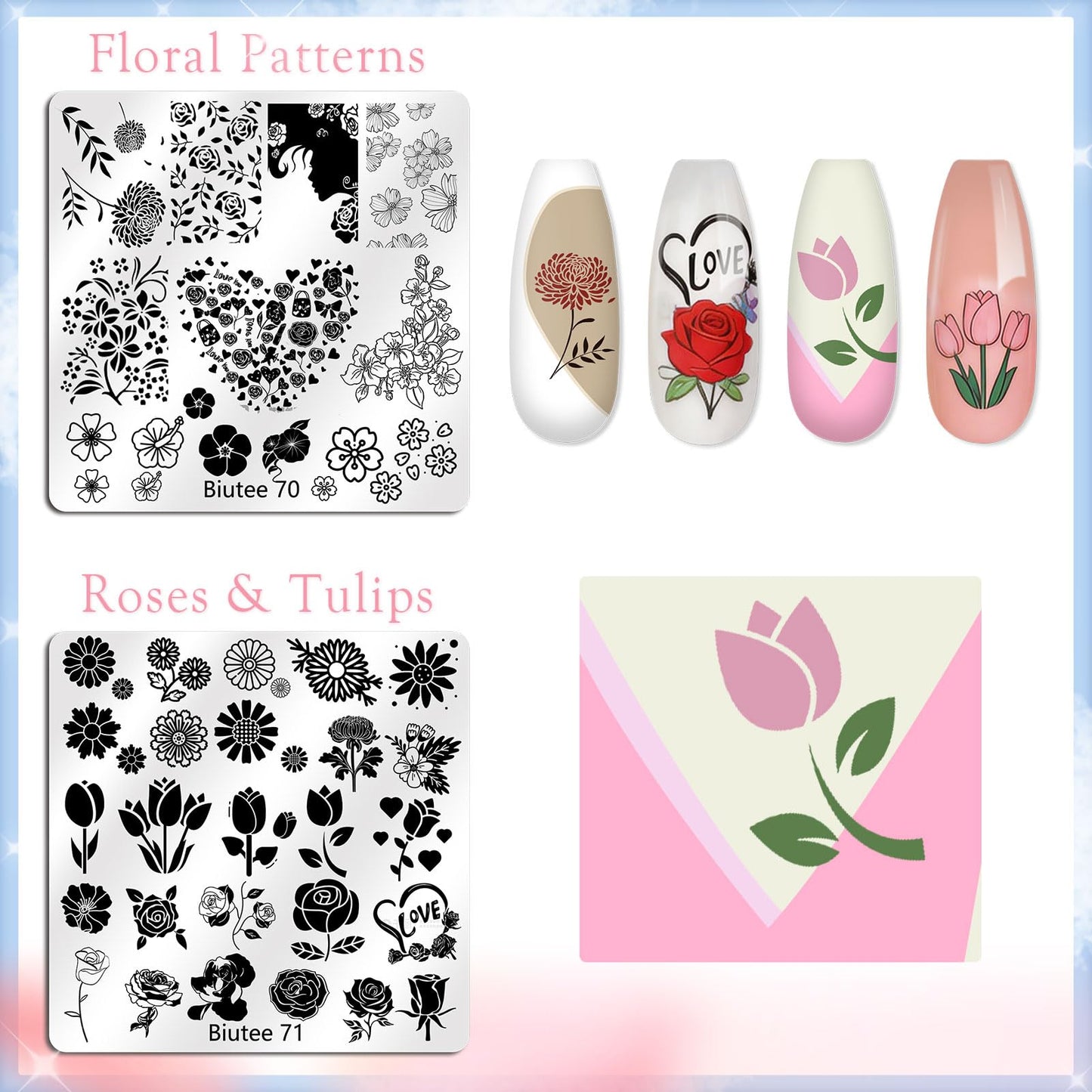 Biutee Nail Stamping Kit, 15 Nail Stamping Plates with Clear Stamper, 2 Scrapers, Storage Bag, Floral Butterfly Leaves Animal Summer DIY Nail Art Kit for Women Beginners
