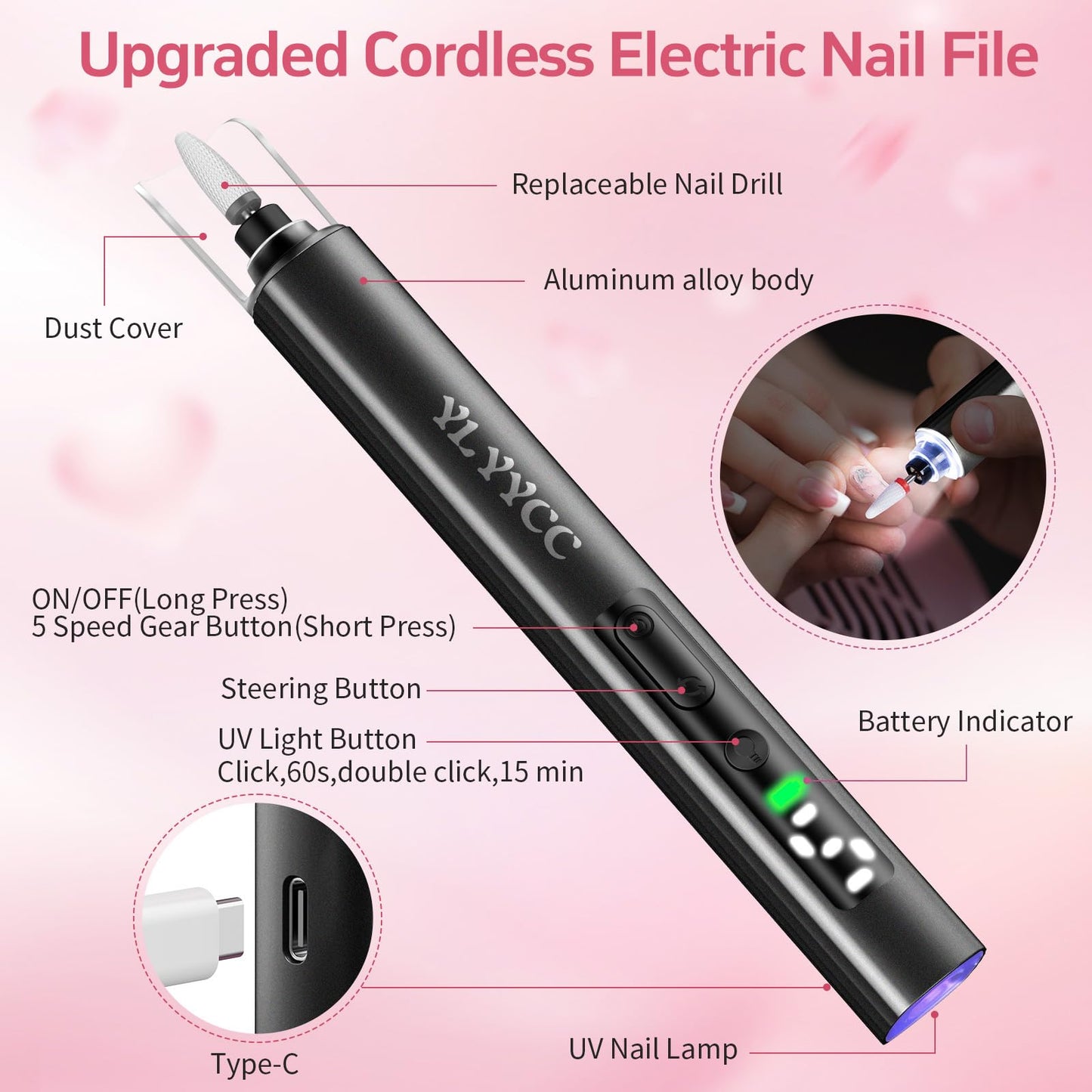 Cordless Nail Drill Electric File with UV Nail Lamp:Professional for Acrylic Gel Dip Powder Nails Portable Nail Drill Machine Kit for Manicure Pedicure Nail Set Rechargeable Lightweight (Black)
