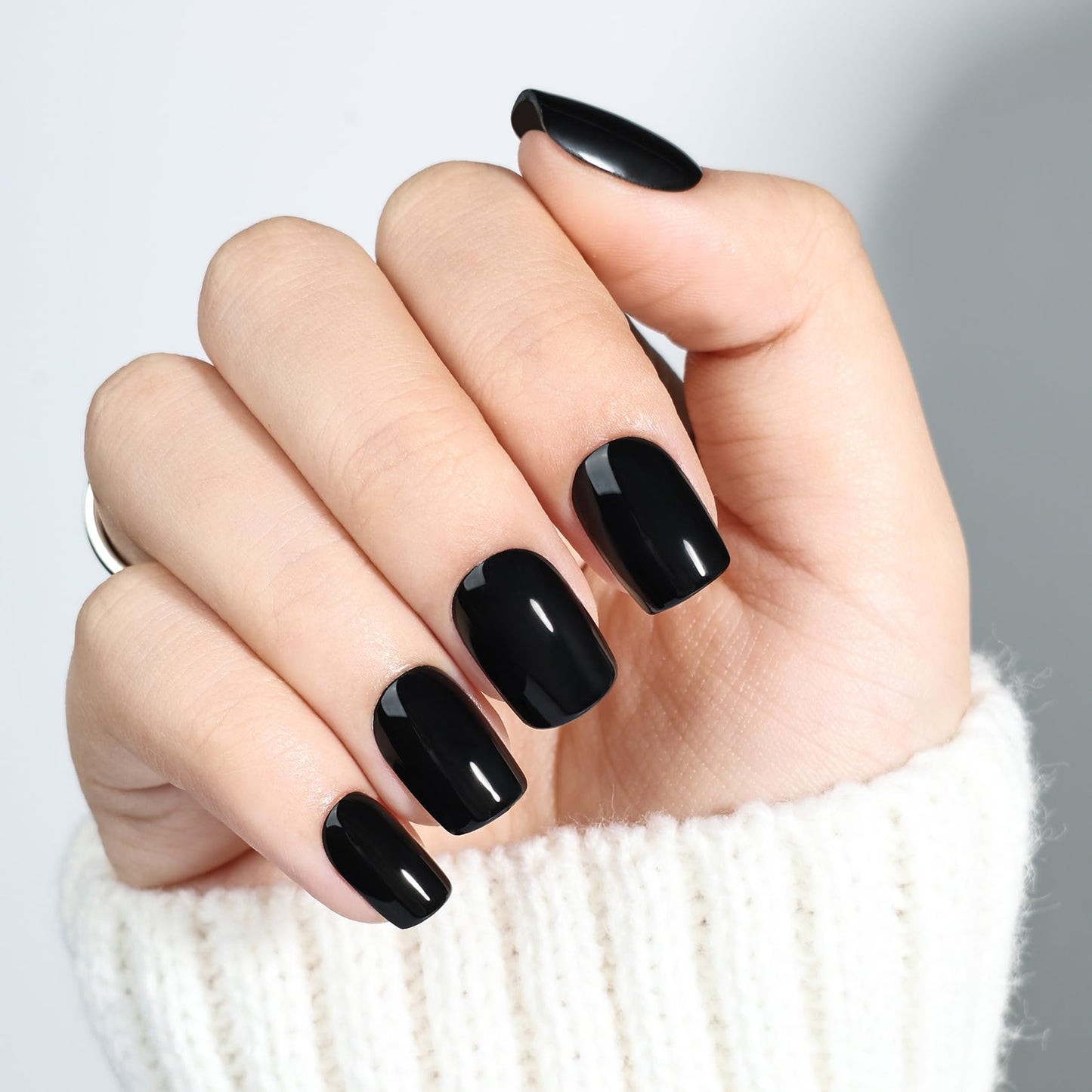 Black Press On Nails Square - Short Square Goth Fake Nails with Nail Glue, Solid Black Press On Nails Reusable Gothic Stick On Nails in 15 Sizes - 30 Nail Kit for Women & Girls | Salon Quality