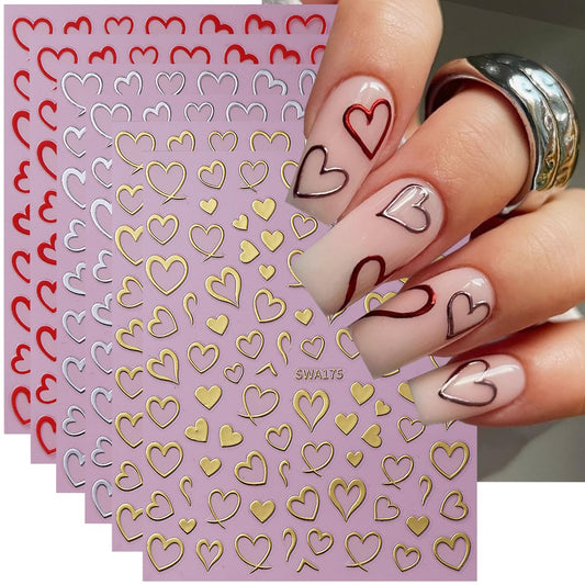 Heart Nail Art Stickers Valentine's Day Nail Decals 6PCS Empty Love Heart 3D Self-Adhesive Valentine Nail Art Decorations Supplies Red Silver Gold Heart Stickers for Nails Women Manicure Design