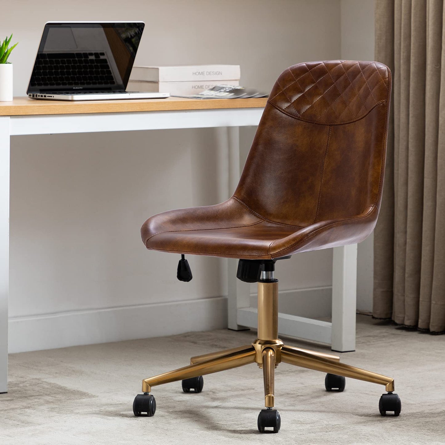 DUHOME Modern PU Leather Office Chair Desk Chair Swivel Computer Chair with Gold Base Yellowish-Brown