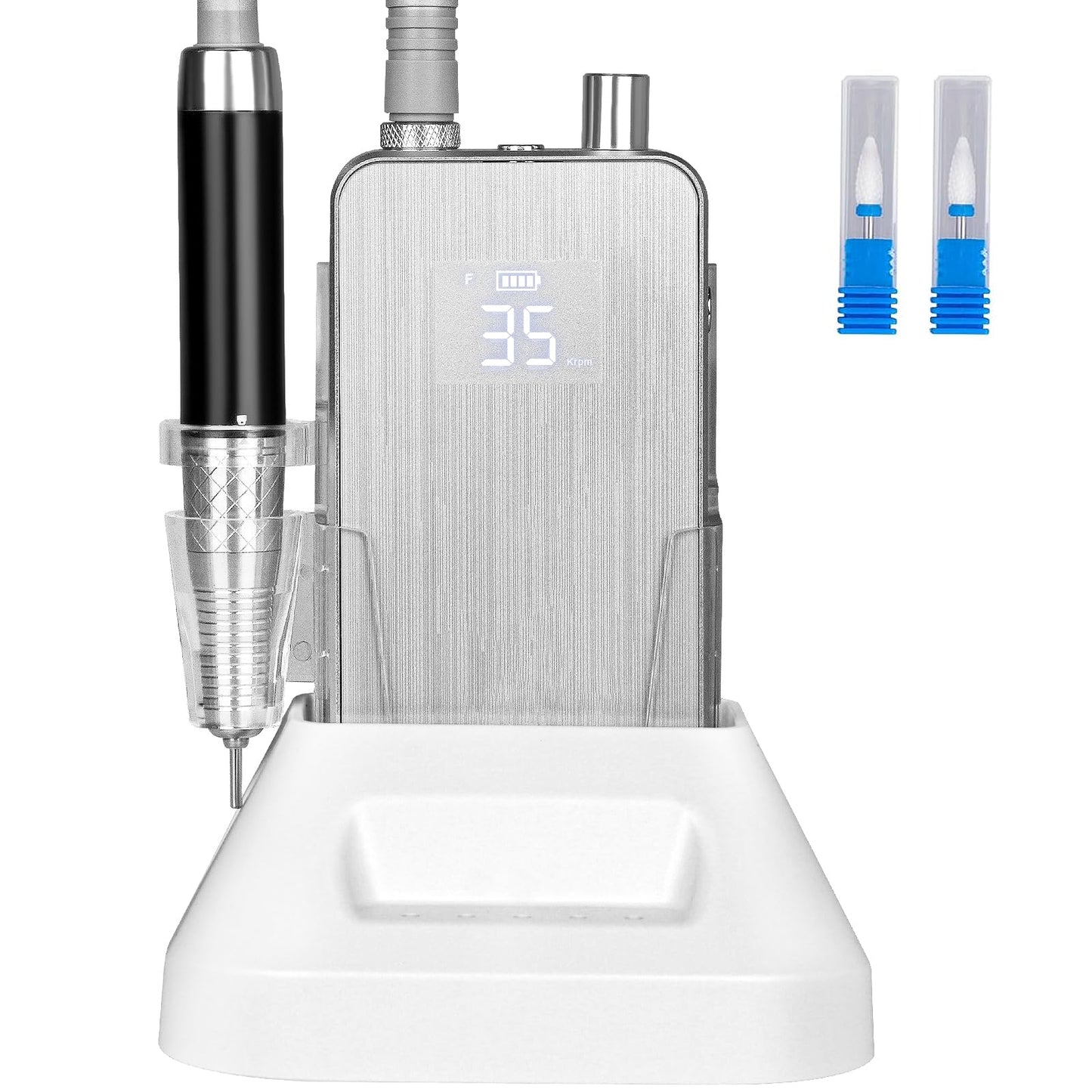 2-in-1 Professional Brushless Nail Drill, AZ GOGO 35000RPM Electric Cordless Nail File Rechargeable Portable Nail Drill Machine for Gel/Acrylic Nails 80W - Salon Level (Silver)