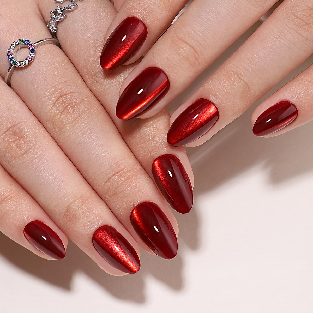 Hrnsnails Almond Shaped Press On Nails, Glue On Nails Short Red Fake Nails with Cat Eye Press On Nails Designs, Acrylic Nails Press On Gel False Nails, Artificial Nails Stick On Nails for Women