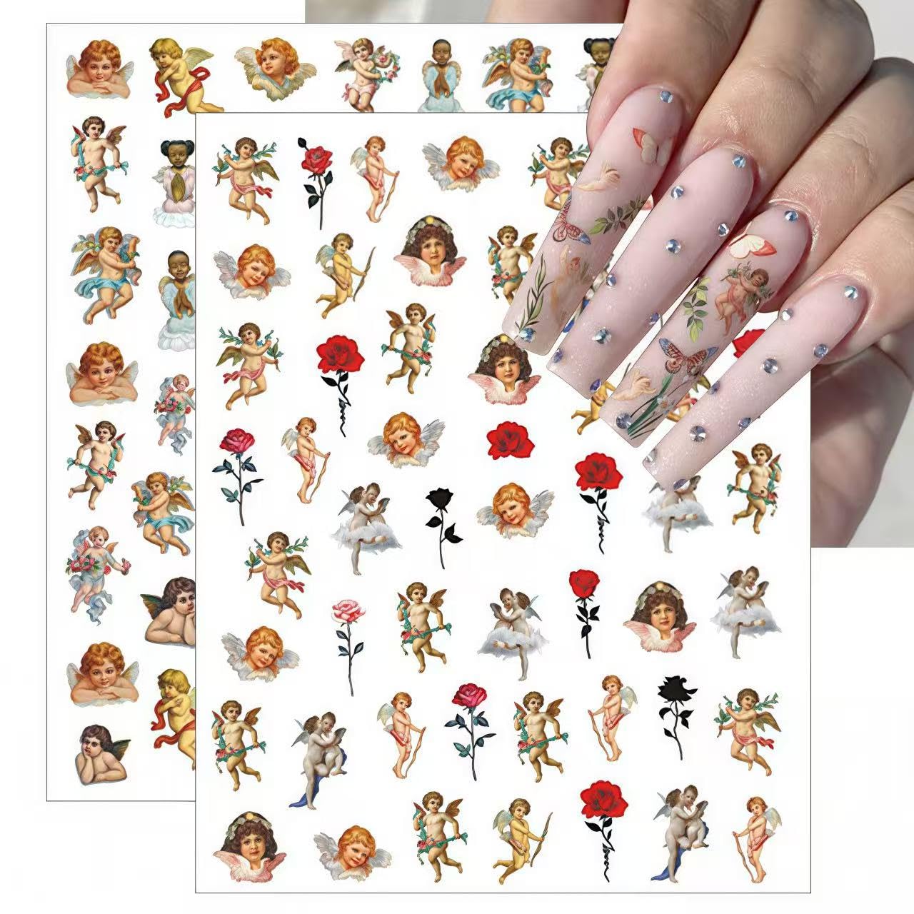 8 Sheets Angel Nail Stickers 3D Self-Adhesive Cupid Nail Art Stickers Decals Rose Flowers Love Heart Wings Nail Art Design Stickers Valentine's Day Nail Decorations for Women Acrylic DIY Manicure