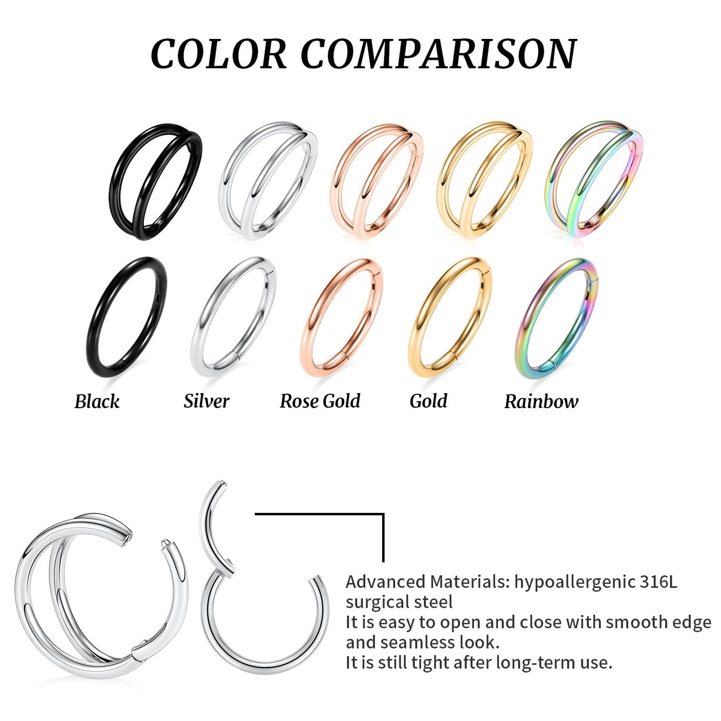 Septum Ring Septum Jewelry Seamless Septum Clicker Double Hoop Nose Rings 18 Gauge Nose Ring Hoop 18g Cartilage Earring Lip Rings 8mm Nose Hoop Surgical Steel Helix Earrings Rose Gold Nose Jewelry