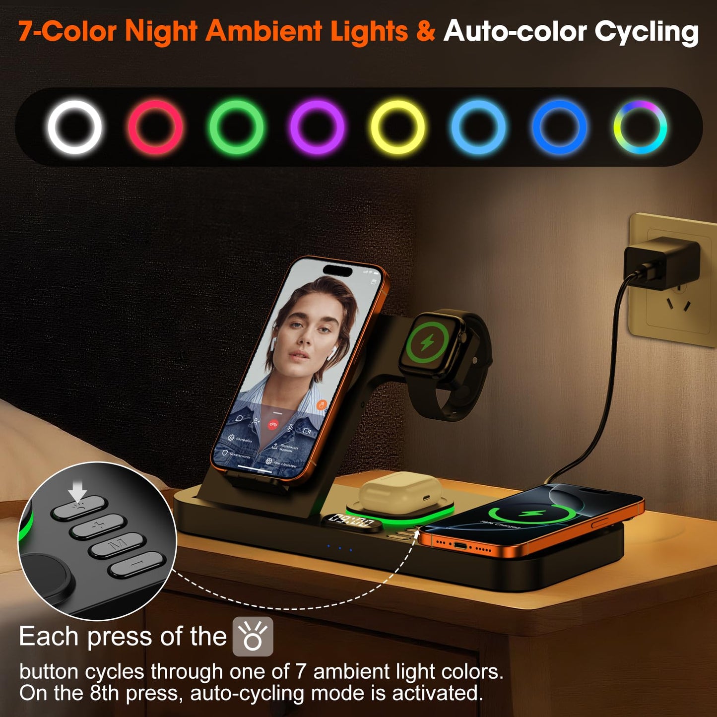 Dual Phone Magnetic Wireless Charging Station for Apple Devices/Apple Ecosystem, 7-Color Auto Light & 12H Clock, Multi-Device Charger for iPhone 17/16/15, for iWatch 11/10/9 & AirPods Pro3(Black