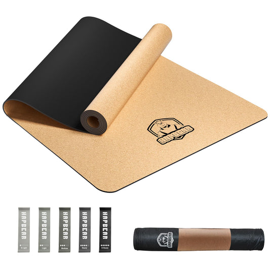 HAPBEAR Large Cork Yoga Mat - 72"x36" Wide Non-Slip for Home Workout, Yoga, Pilates & Stretching - 6mm Cushioned Support - Eco-Friendly & Durable - Bonus Resistance Bands & Carry Bag Included