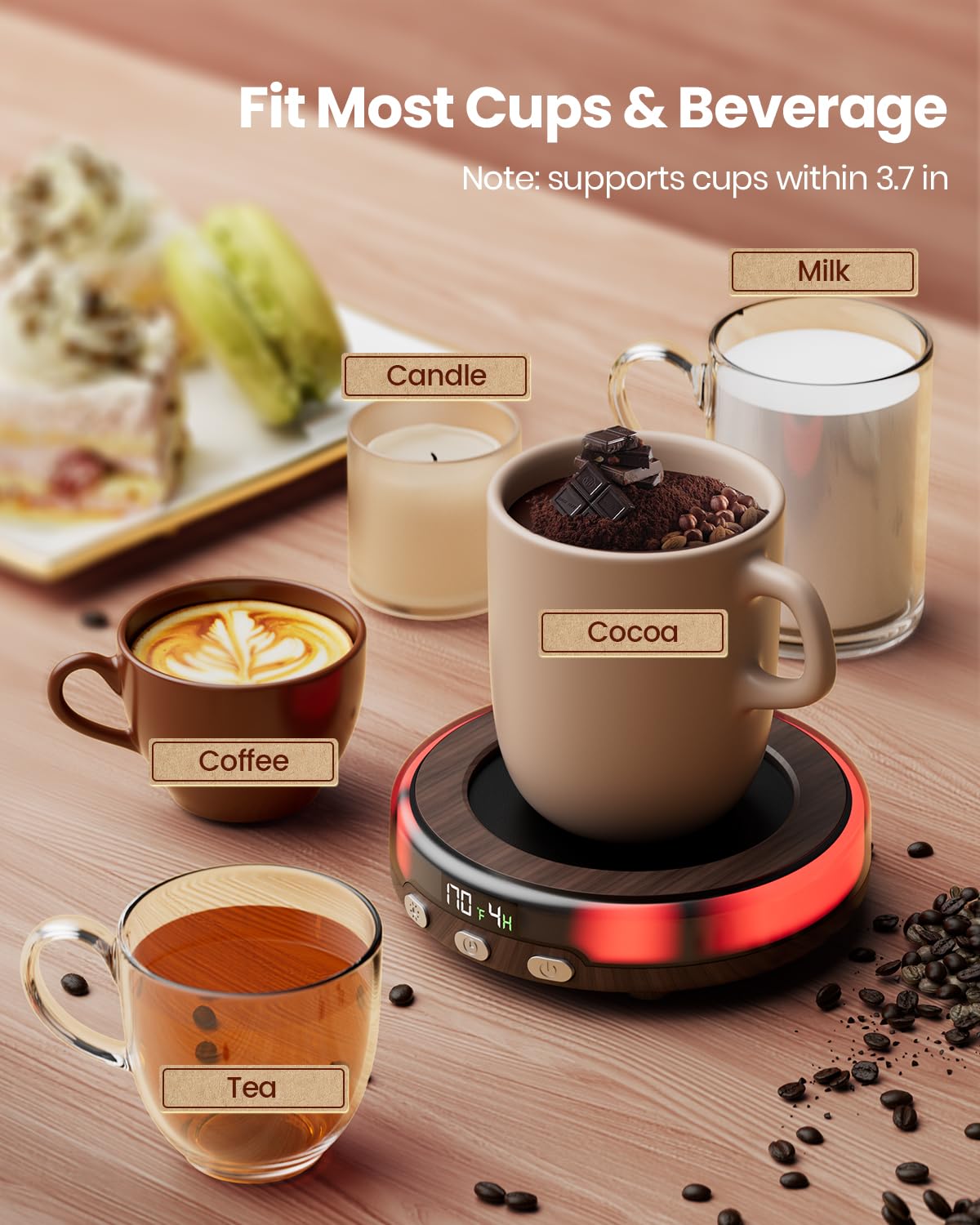 Gaiatop Coffee Mug Warmer for Desk, 3 Temp Settings, 2-9Hrs Timer, 3 Colorful Romantic Atmosphere Light Modes, Beverage Heating Plate with Digital Display for Candle Tea Milk Wood